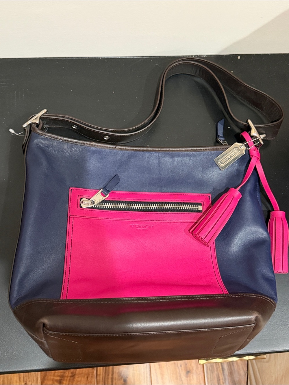 Vintage Coach color block tote duffle hot pink blue brown